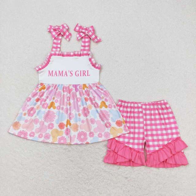 GSSO0819 mama's girl letter flower Mickey rose pink plaid lace suspender shorts set