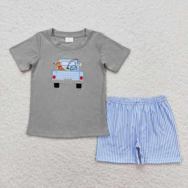 BSSO0664  Embroidery Fishing Puppy Truck Gray Short Sleeve Blue Striped Shorts Set