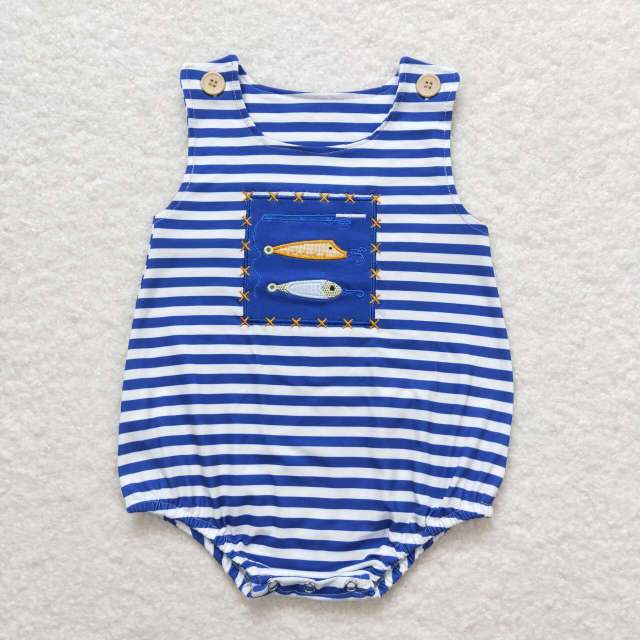 SR1074 Embroidered Fishing Blue and White Striped romper