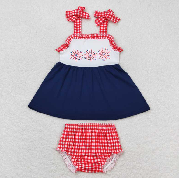 GBO0330 Firework red and white plaid lace navy blue suspender bummies set