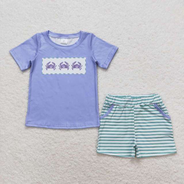 BSSO0637 Crab blue short sleeve green striped shorts set