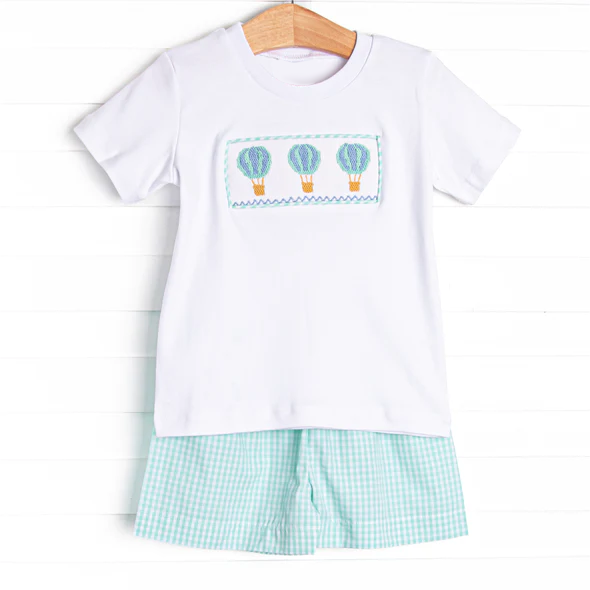 pre sale  girls summer suit white flying sleeve top and shorts with three hot air balloons print
