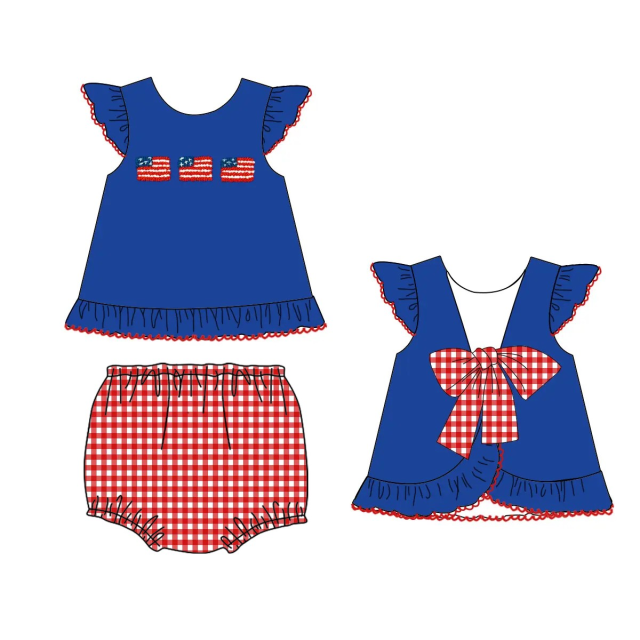 pre sale  girls summer suit blue flying sleeve top and red and white plaid shorts with flag print