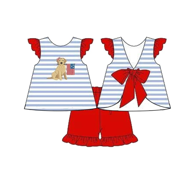 pre sale  girls summer suit flying sleeve top and red lace shorts with flag puppy print