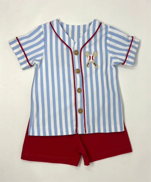 pre sale  girls summer suit light blue and white striped top with red shorts