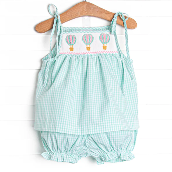 pre sale  girls summer suit Sleeveless halter top and shorts with three hot air balloons light blue and white plaid print
