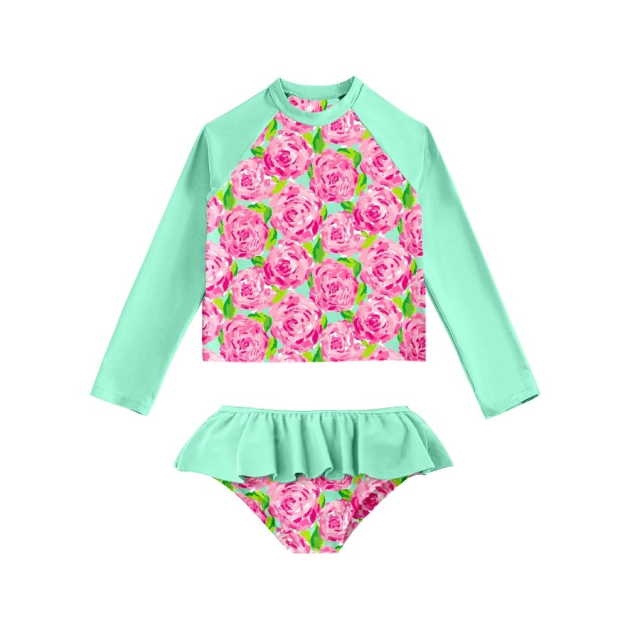 pre sale  girls summer suit green long sleeve top and briefs with flowers print