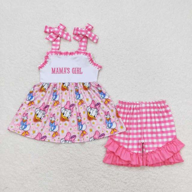 GSSO0820 mama's girl embroidered letter flowers Donald Duck rose red plaid lace suspender shorts set
