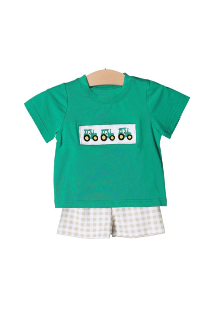 pre sale  boys summer suit green short-sleeved top and plaid shorts