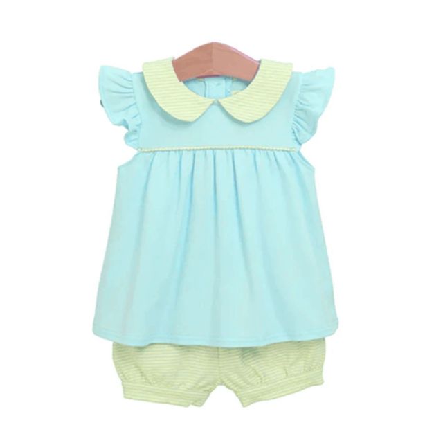 pre sale  girls summer suit light blue flying sleeve top and light green shorts