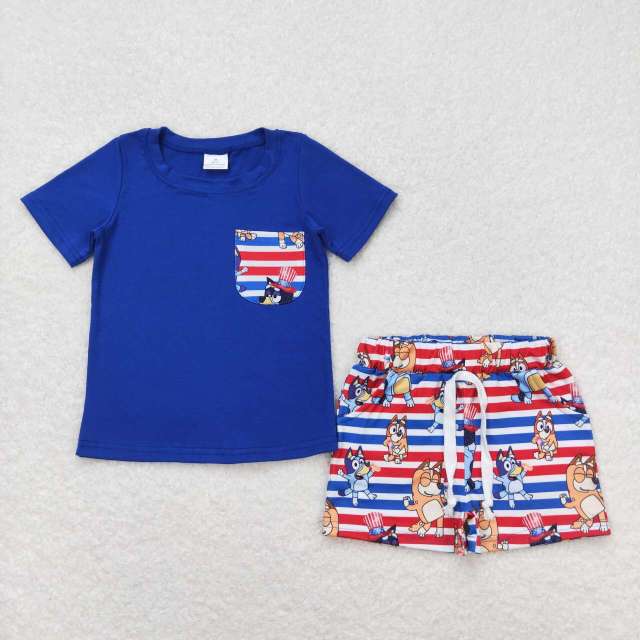 BSSO0513 bluey pocket short sleeve red and blue striped shorts set
