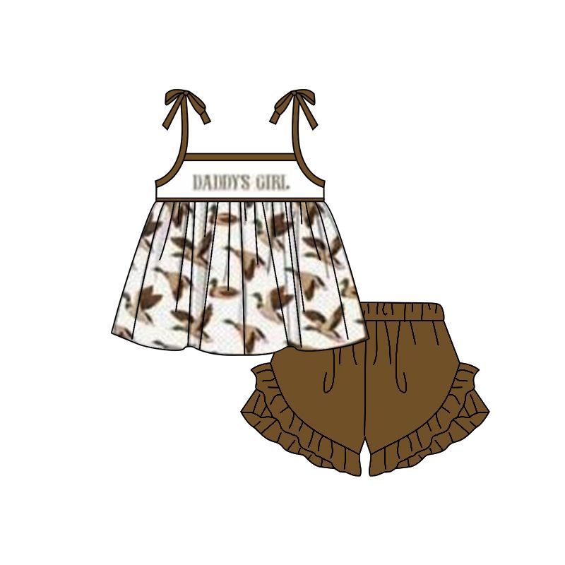 pre sale  girls summer suit Sleeveless halter top and brown lace shorts with wild geese print