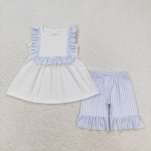 GSSO0926 Blue and white striped lace sleeveless shorts set