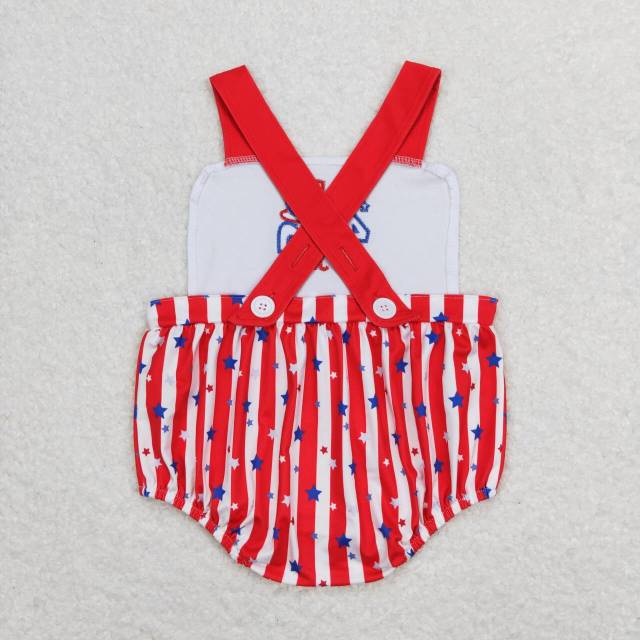 SR08104th of july embroidered letter star hat red and white striped romper