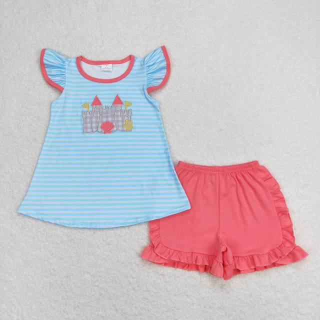GSSO0875 Embroidered shell star castle striped flying sleeve rose red shorts set