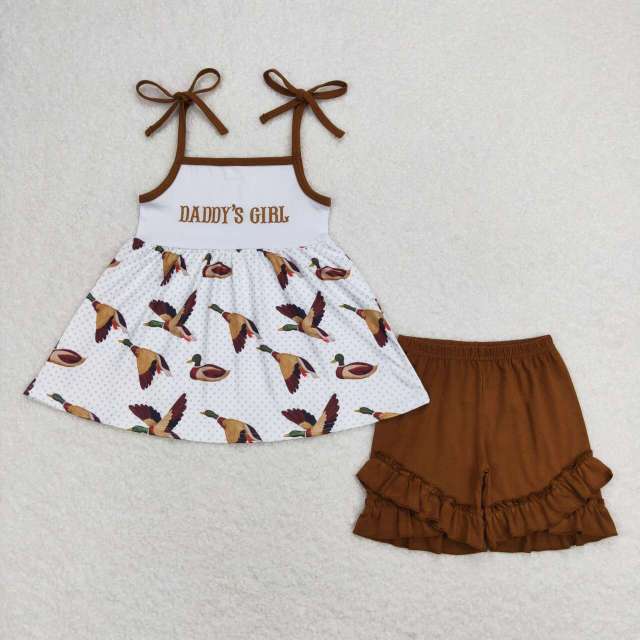 GSSO0807 daddy's girl embroidered letter duck suspender brown shorts set