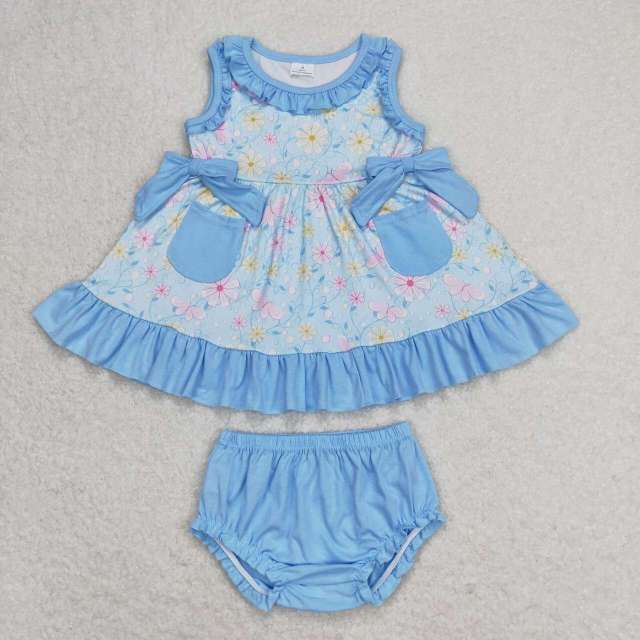 GBO0290 Floral Blue Lace Pocket Bow Sleeveless bummies