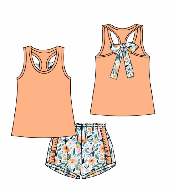 pre sale girls summer suit light orange sleeveless top and shorts with small flowers print