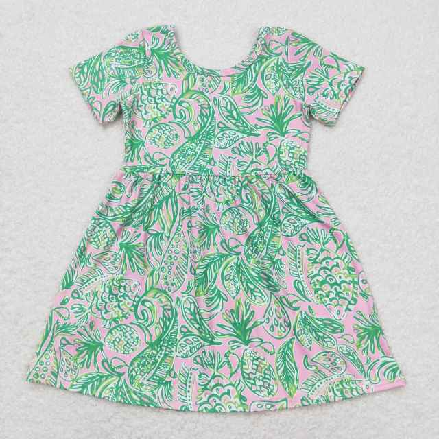 GSD1113 Seaweed pattern pink and green short-sleeved dress