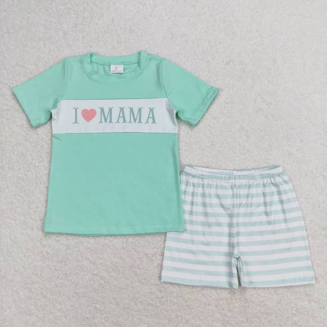 BSSO0751 I love mama lettering teal short-sleeved striped shorts set
