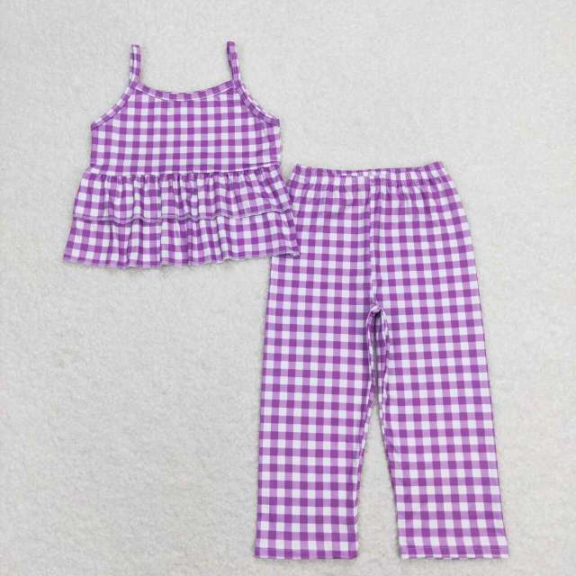 GSPO1379 Purple and white plaid lace suspender pants set