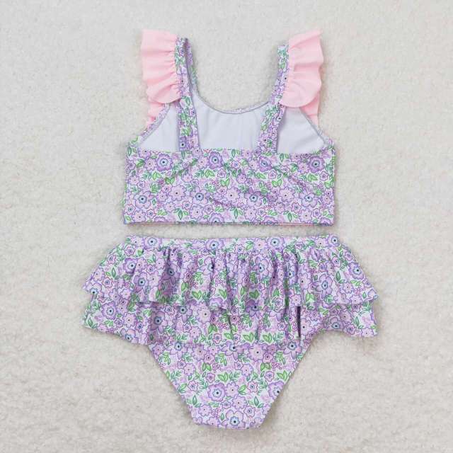 S0332 Pink and purple floral lace swimsuit set