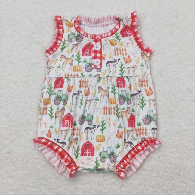 SR1294 Farm Animals Red House Red Plaid Lace Vest romper