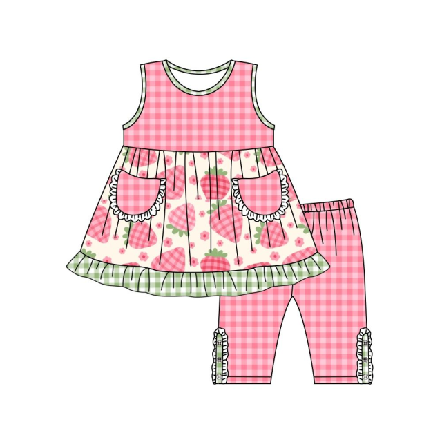 pre sale girls summer suit sleeveless crew neck top and cropped shorts with  strawberry print