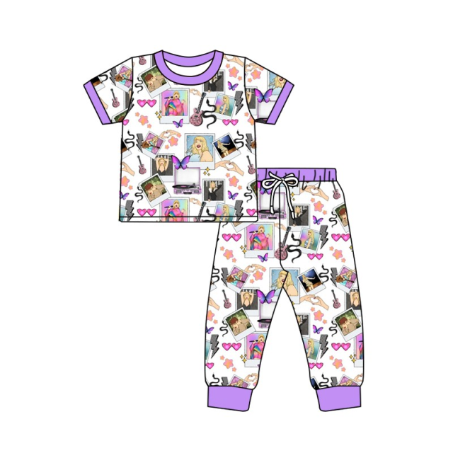 pre sale girls summer suit short-sleeved tops and trousers with  butterfly guitar print