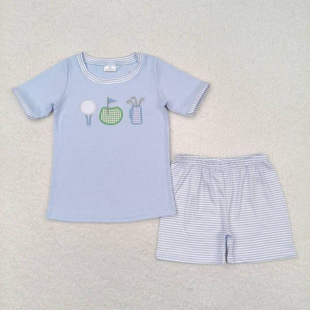 BSSO0686 Embroidered golf flag blue short-sleeved striped shorts set