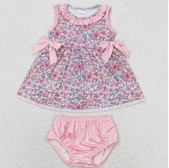 GBO0313 Floral pink lace bow bummies set