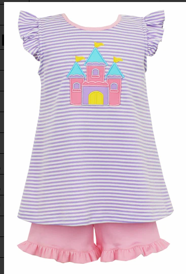 pre sale girls summer suit flying sleeve top castle print  and lace shorts