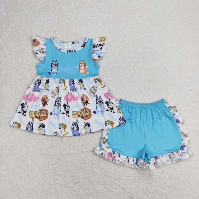 GSSO0387 cartoon blue and white short sleeve shorts set