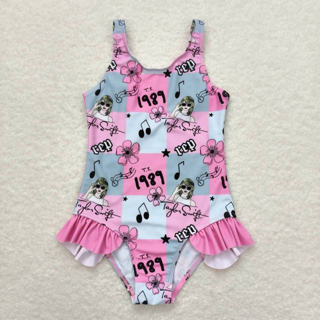 S0349 taylor swift 1989 rep floral plaid pink lace one-piece swimsuit