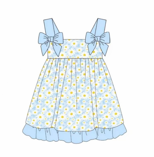 pre sale girls dresses  light blue bow top  small chrysanthemum print dress