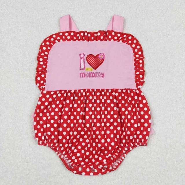 SR0990 I love my mommy embroidered heart pink lace polka dot red romper