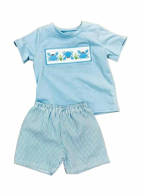 pre sale  boys  summer outfit sets light blue  short sleeves top embroidery three crabs  print  and  shorts