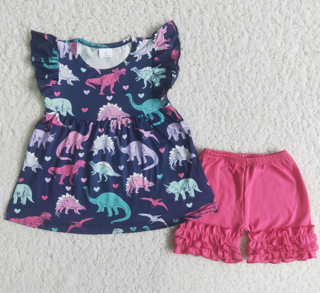 A13-16 Dinosaur flying sleeve top lace shorts