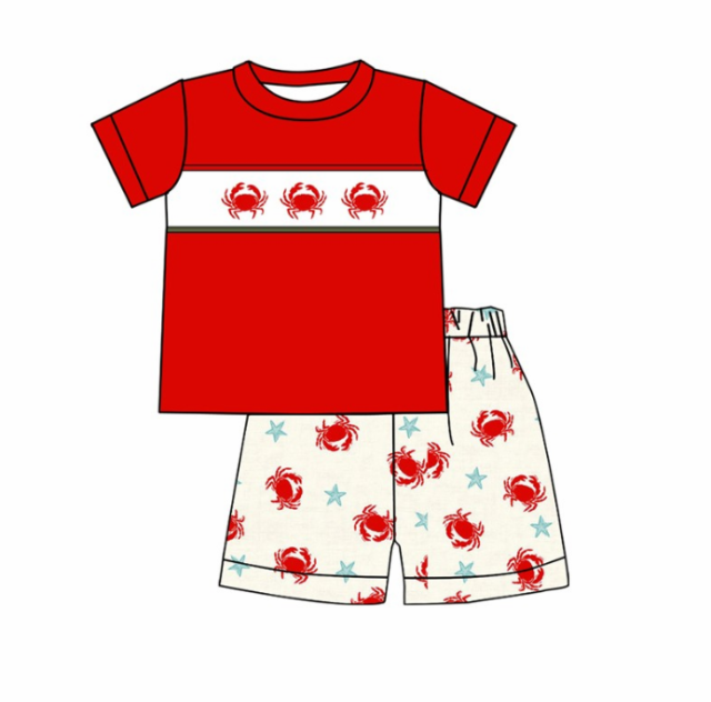 pre sale  boys  summer outfit sets red  short sleeves top crab print  and  shorts