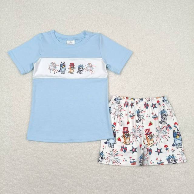 BSSO0792 National Day  fireworks blue and white short-sleeved shorts suit