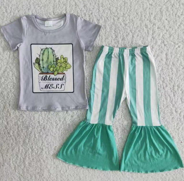 B6-22 Gray cactus green striped bell bottoms  set