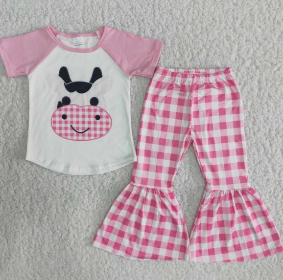 B9-11 Little cow pink check trousers set