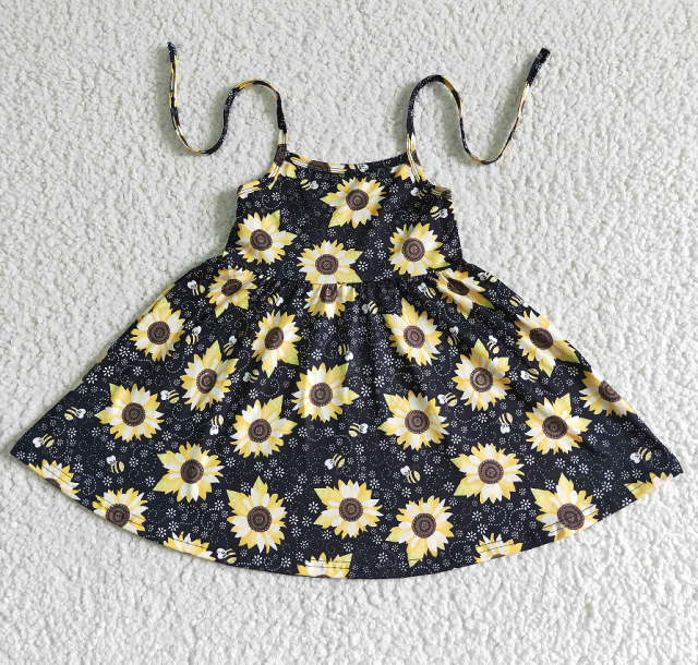 GSD0036 Girl's strappy black sunflower dress