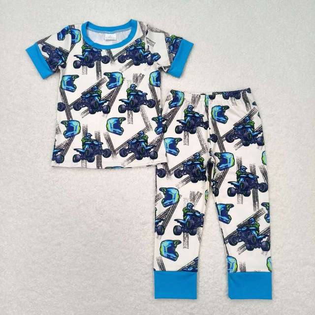 BSPO0354 Mountain motocross blue short-sleeved long pants pajamas set