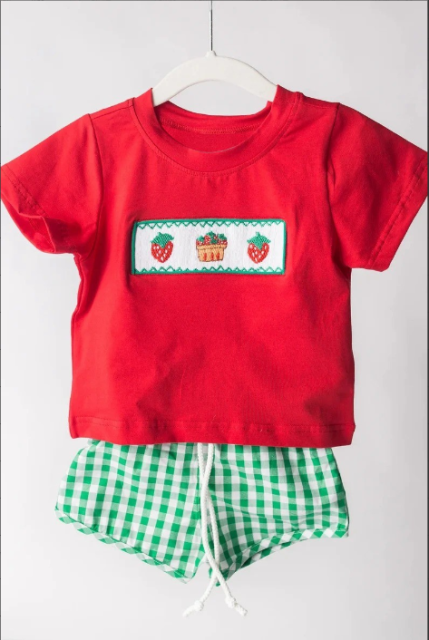 pre sale  boys  summer outfit sets red  short sleeves top embroidered strawberry print  and  shorts