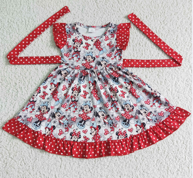 GSD0043 Girl's Flying Sleeve Red and White Dot Mickey Lace dress