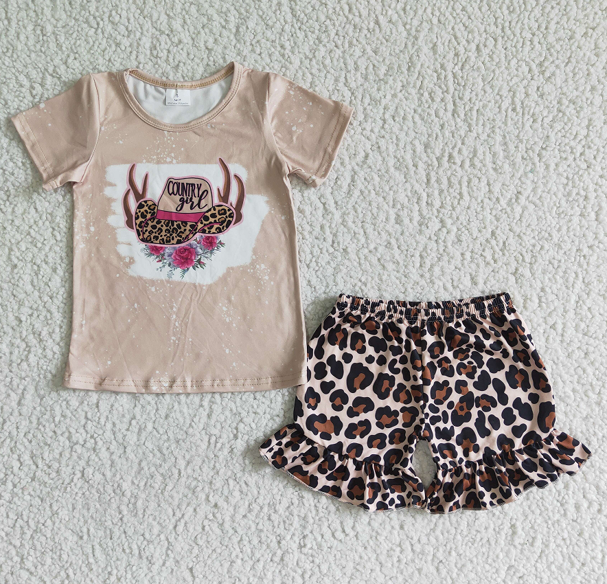 GSD0047 Light coffee hat, antler flower, short sleeves, leopard print lace shorts suit