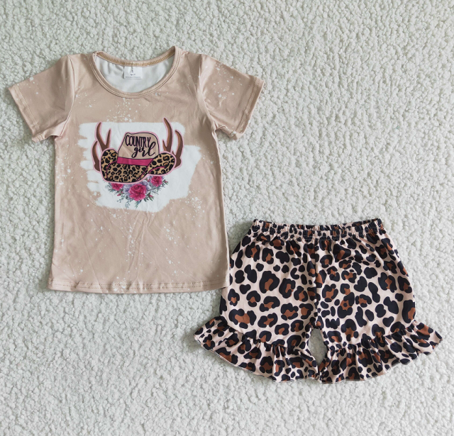 GSD0047 Light coffee hat, antler flower, short sleeves, leopard print lace shorts suit