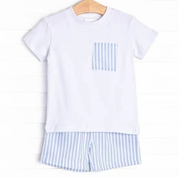 pre sale  boys  summer outfit sets white  short sleeves top light blue and white stripes print  and  shorts