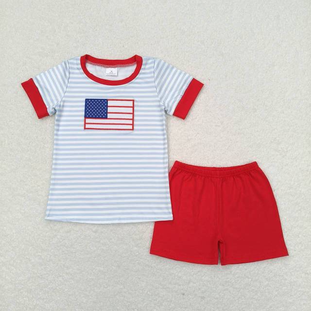 BSSO0684 Embroidered flag blue striped short-sleeved red shorts suit